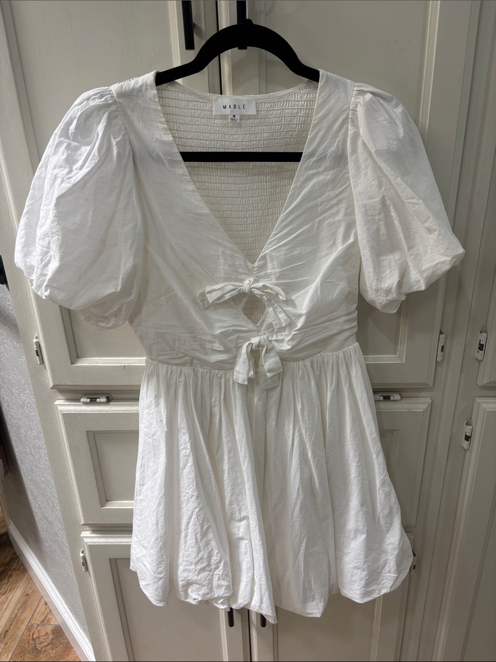 MABLE White Puff Sleeve Tie-Front Mini Dress